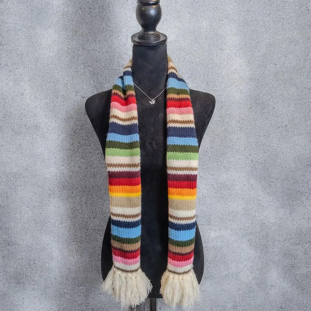 Vintage Hand Knit Striped Scarf Made in Korea Multicolor Fringe
